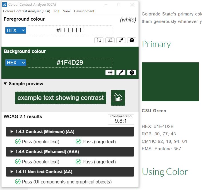 Color contrast analyser showing CSU green and white passing standards