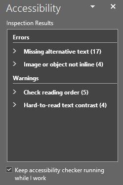 Accessibility sidebar with inspection results showing errors and warnings