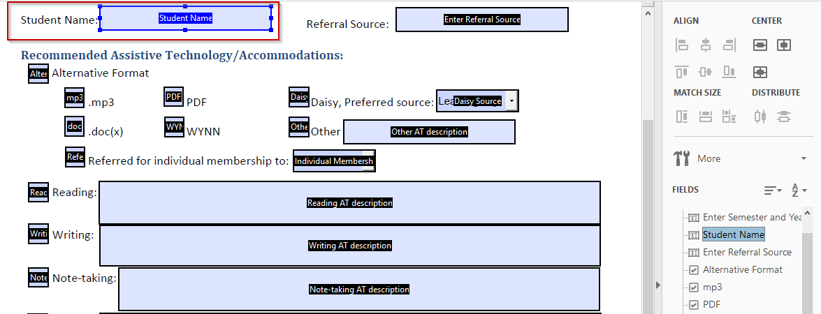 Form with fields highlighted. Student name matches the form field label. 