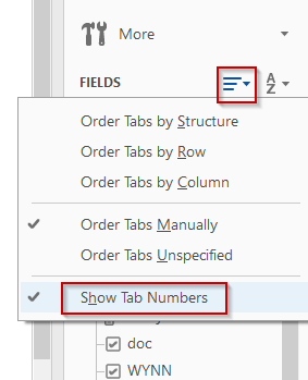 Show Tab Numbers in the Fields dropdown menu