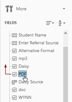 Fields sidebar with form field labels that can be dragged up or down