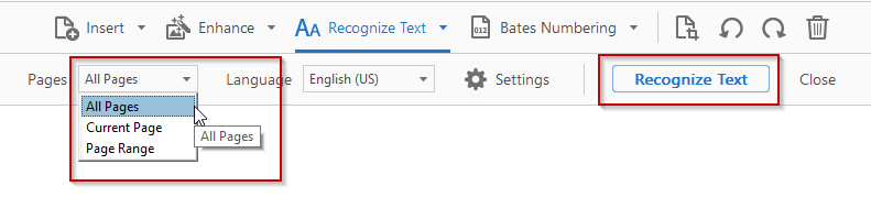 Acrobat DC - All pages selected to recognize text