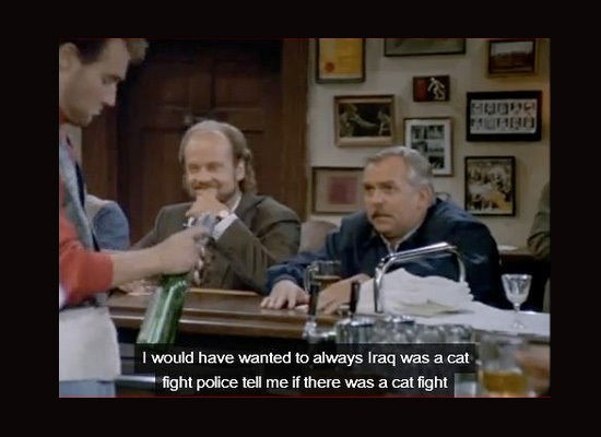 Men at a bar (screen from Cheers TV show), with scrambled captions.