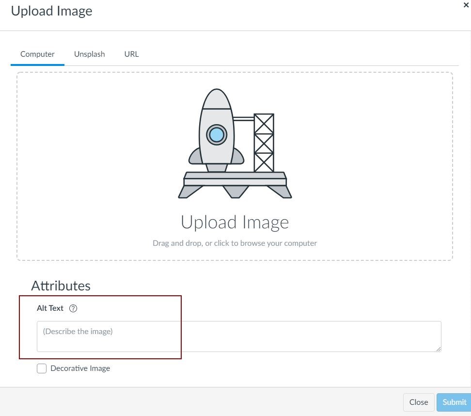 Upload Image window with alt text box under Attributes