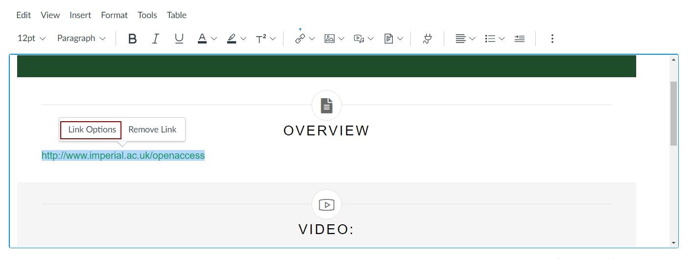 Link Options popup above a selected url