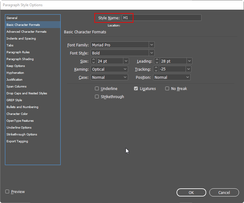Paragraph Style Options window. H1 is the style name, and dropdown options are available to change font styles