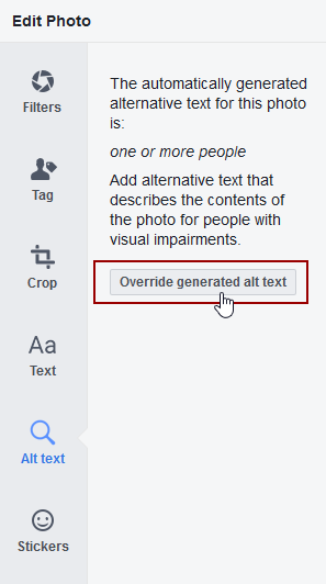Alt Text menu showing button to override generated alt text