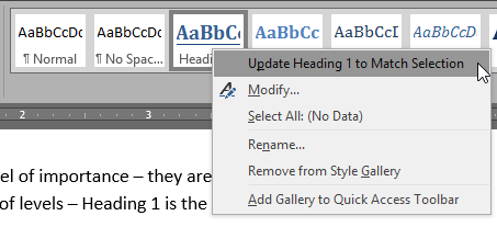 Context menu with "Update Heading 1 to match selection" option