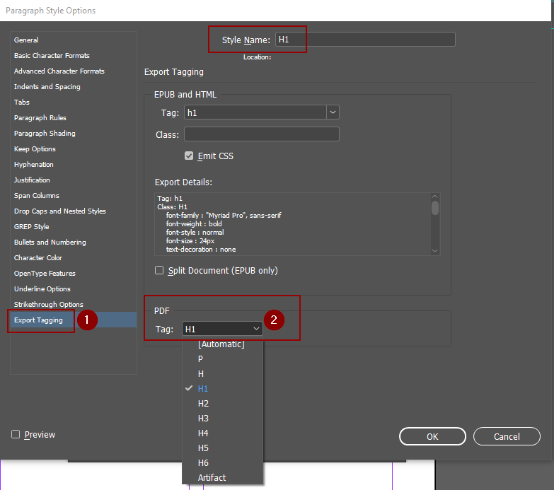 Export Tagging window showing the style name H1 will map to the PDF Tag H1