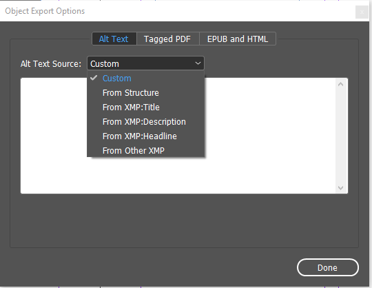 Object Export Options window on Alt Text tab
