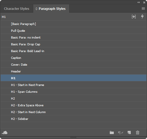 Paragraph Styles window with structure types including H1, H2