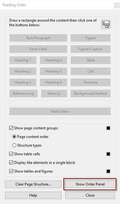 Show Order Panel button on Reading Order window