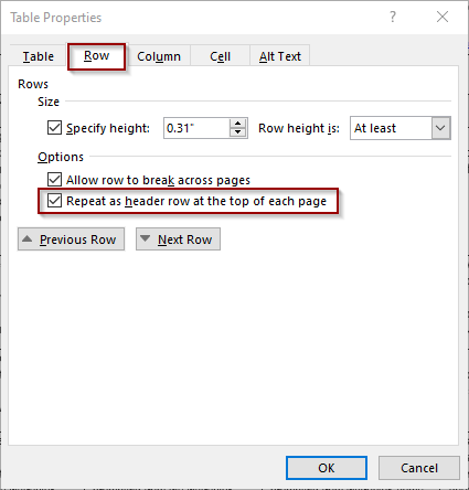Table Properties Row tab with Repeat as header row at the top of each page checkbox checked.