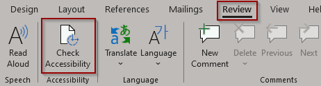 Review ribbon showing Check Accessiblity icon