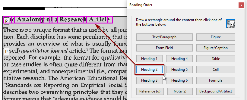 Section title is selected with pink boxes around the text. Heading 2 is selected in the reading order window.