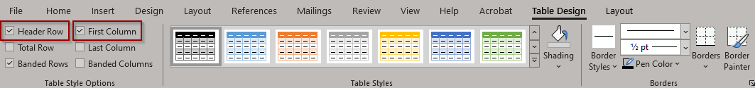 Table Design ribbon with header row and first column checkboxes