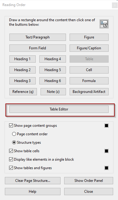 Reading Order popup window with Table Editor selected