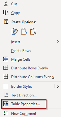Top row of table context menu with Table Properties selected
