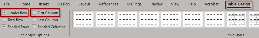 Table Design Tools with Header Row box checked