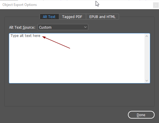 Alt text source is custom. Type alt text in the text entry box.