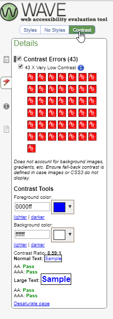 WAVE contrast tab showing multiple contrast errors