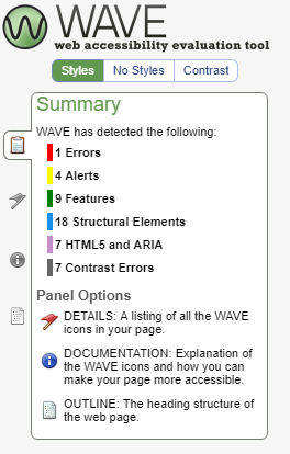 WAVE Summary showing number of errors, alerts, features, structural elements, HTML5 and ARIA, and Contrast errors