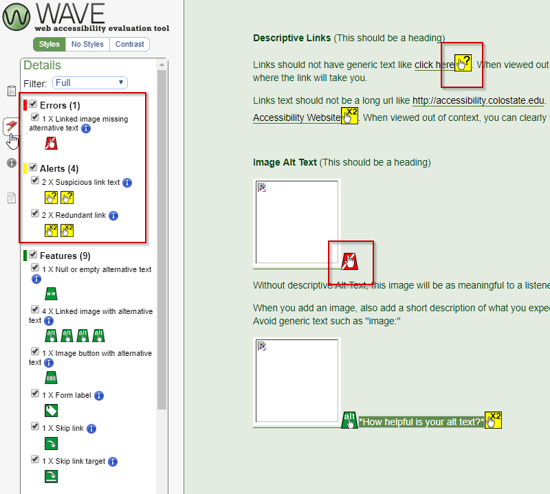 WAVE details pane showing specific errors and alerts