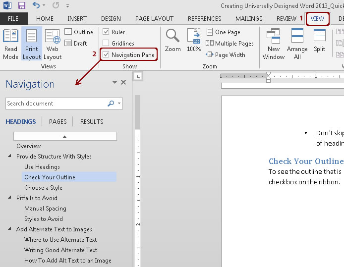 Navigation pane box is checked and the pane shows headings hierarchy