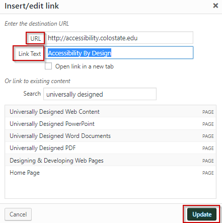 WordPress edit link options, showing separate fields for URL and Link Text, and Update button to apply changes.