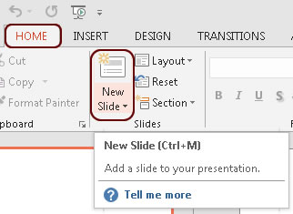 New Slide dropdown on the Home tab