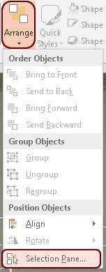 Arrange dropdown menu with selection pane at the bottom