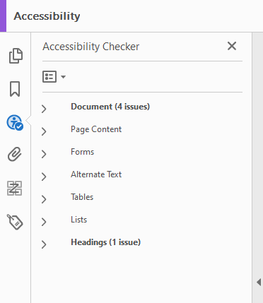 Accessibility Checker summary with 4 document issues and 1 headings issue