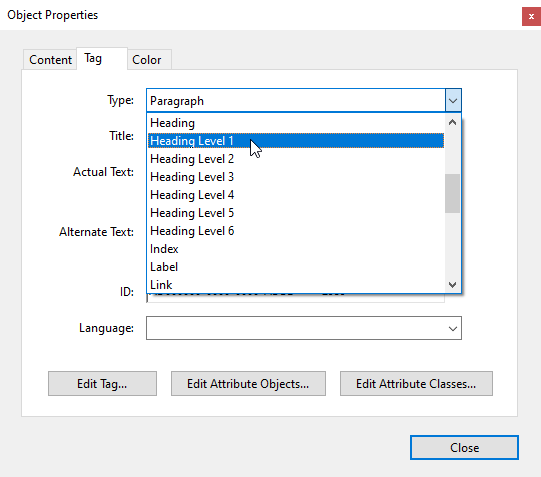 Tag properties window showing type selection as heading level 1