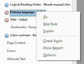 Context menu on an item in the report with Fix option available