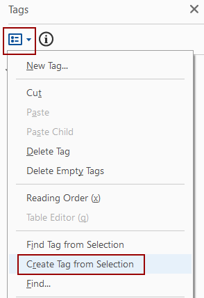 Tag options menu with Create Tag from Selection