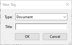 New Tag dialog with Document as the tag type