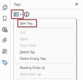 Tag Options drop-down menu with New Tag selected
