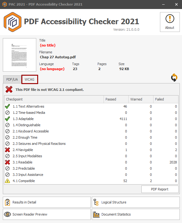 PAC WCAG report tab