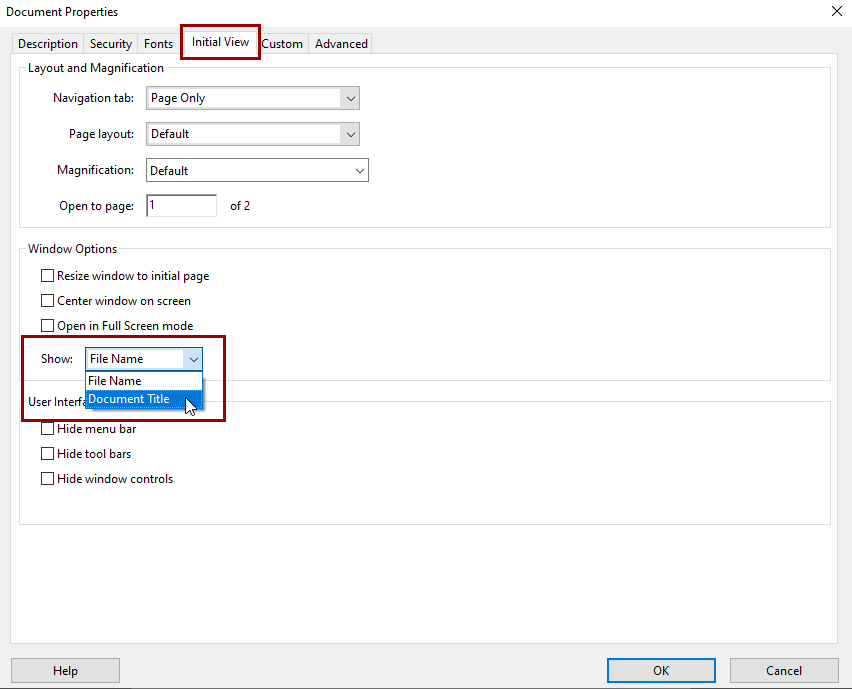 Properties window, Initial View tab with document title selected in the Show dropdown menu