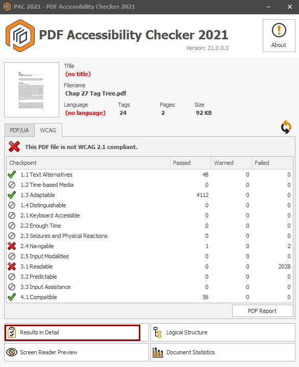 PAC Results in Detail button on the WCAG tab