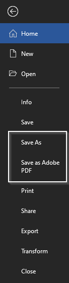 MS Office File menu with Save As and Save as Adobe PDF