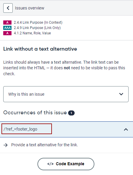 SiteImprove error detail window with Occurences of this issue selected