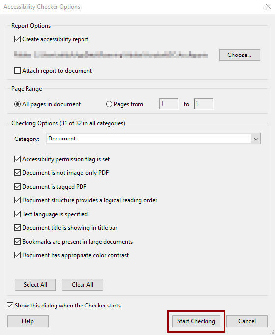 Start Checking button in the Accessibility Checker Options window