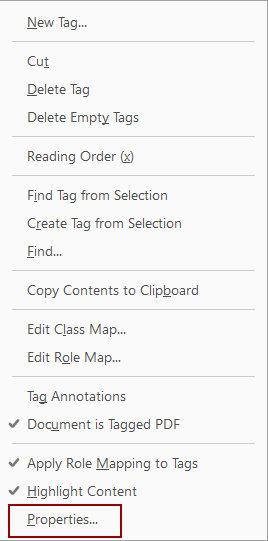 Tag context menu with Properties option