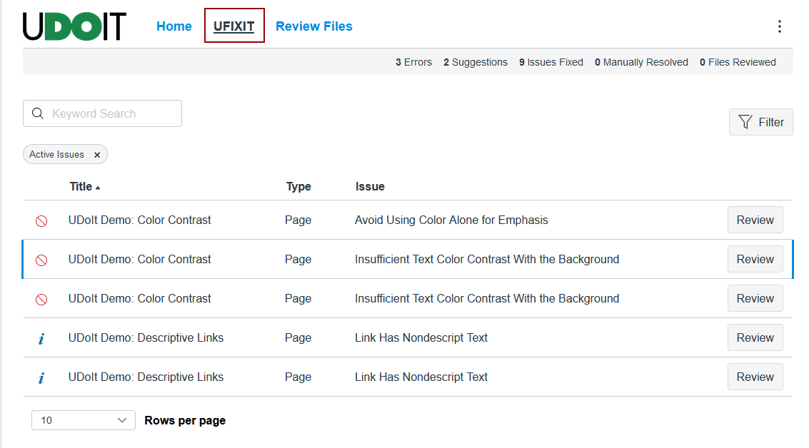 UFIXIT Tab with list of errors