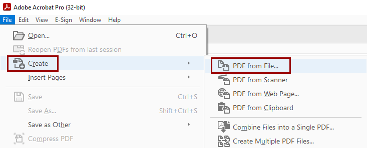 In Acrobat Pro, go to File, Create, PDF from File.