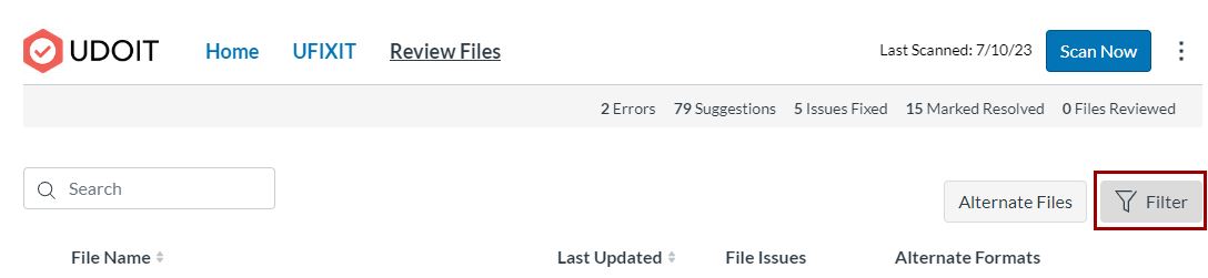 Use the Filter button to narrow selection of files