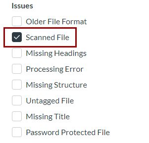 In the filter window, select "PDF" for file type and "Scanned File" for Issues. 