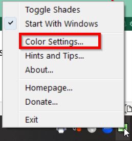 Context menu from taskbar icon showing Color Settings option