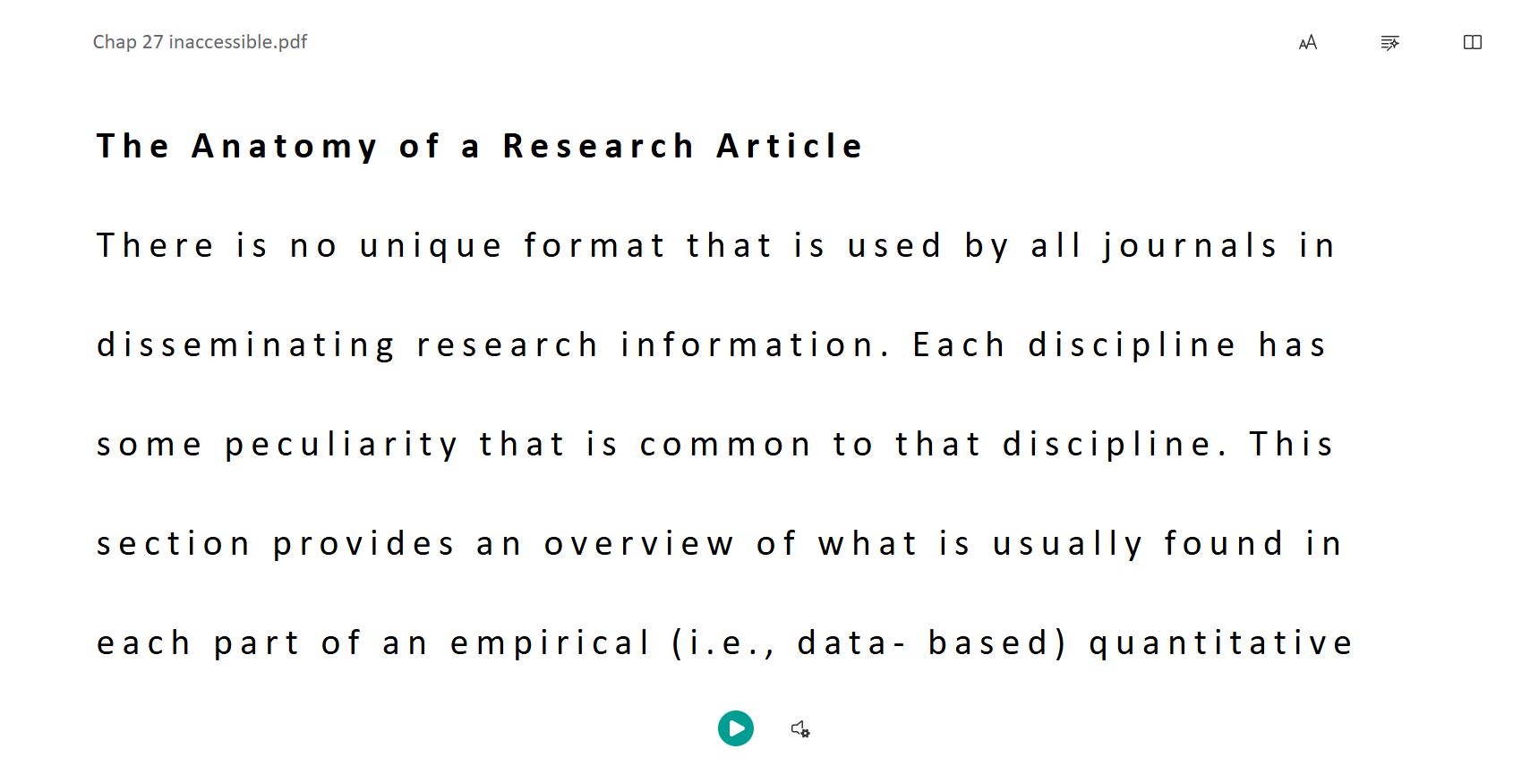 Immersive reader view of text in a paragraph